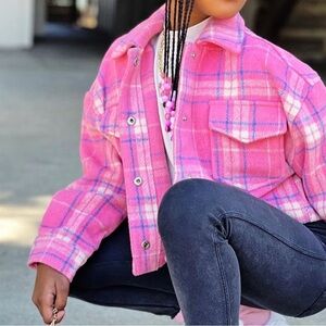 PLAID Jacket. Pink, white, and blue. Large. NWOT.
